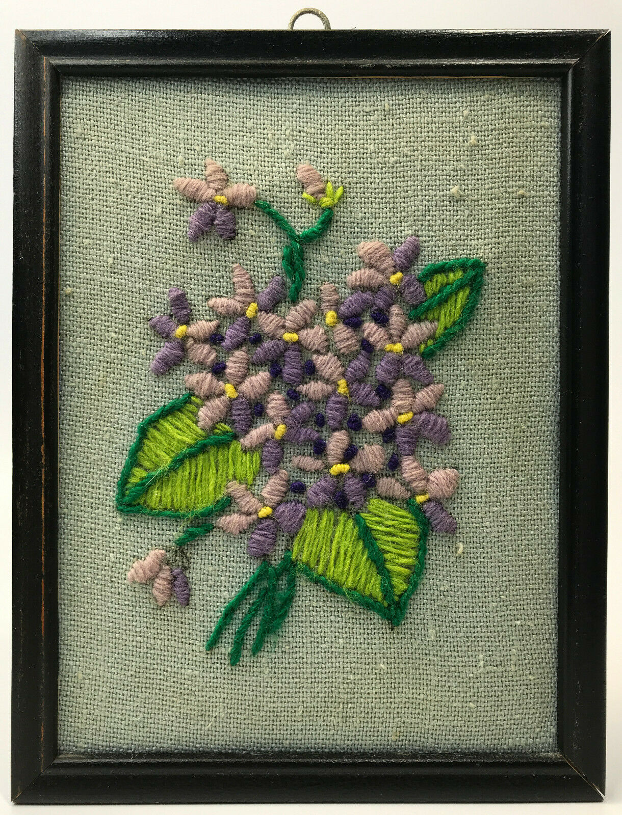 Beautiful Lilac Crewel Embroidery Vtg 8 5/8" X 6 3/4" Wall Hanging Mcm Mid Fab