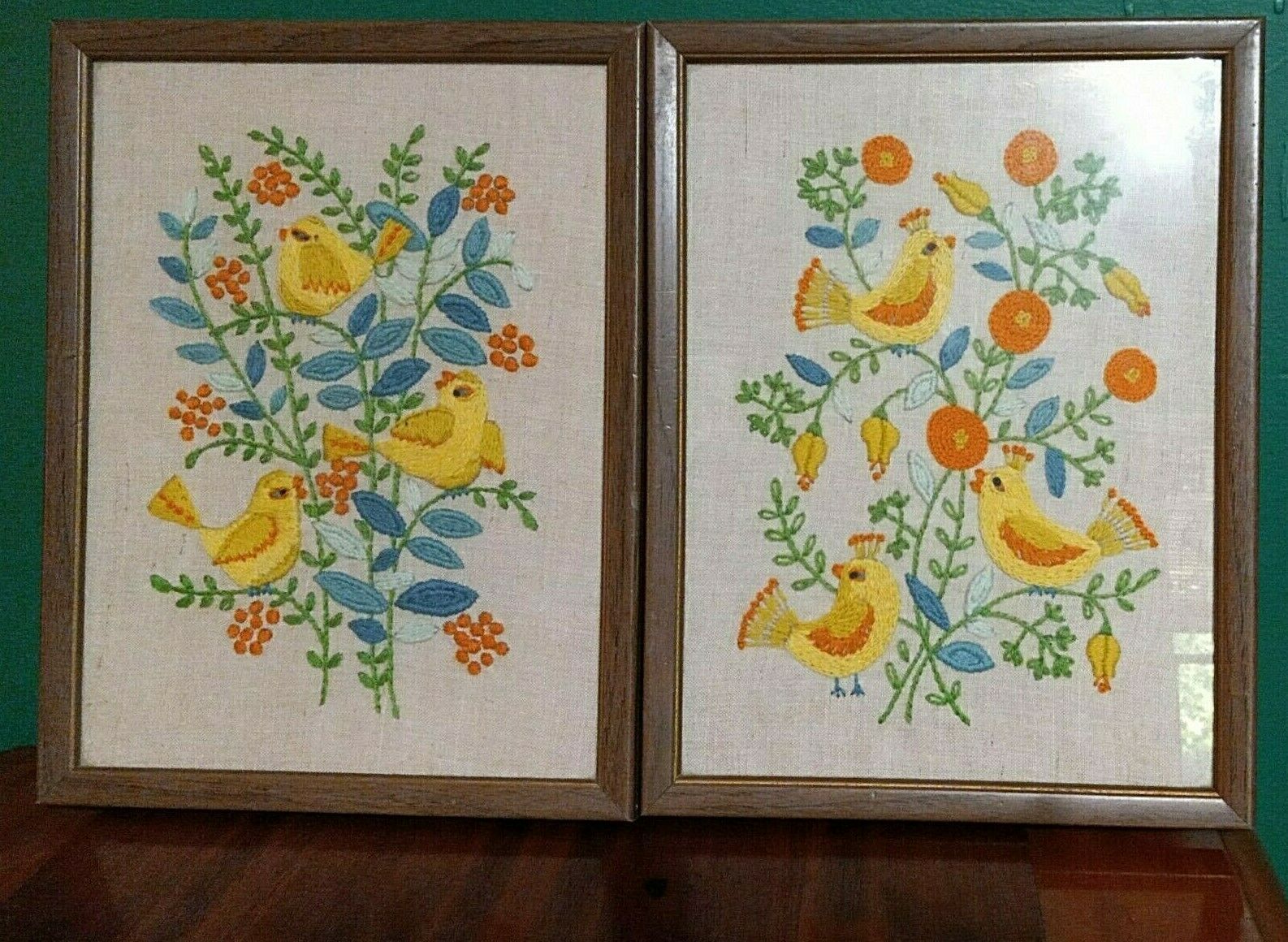 Sweet Vintage Crewel Embroidery Framed 70s Birds