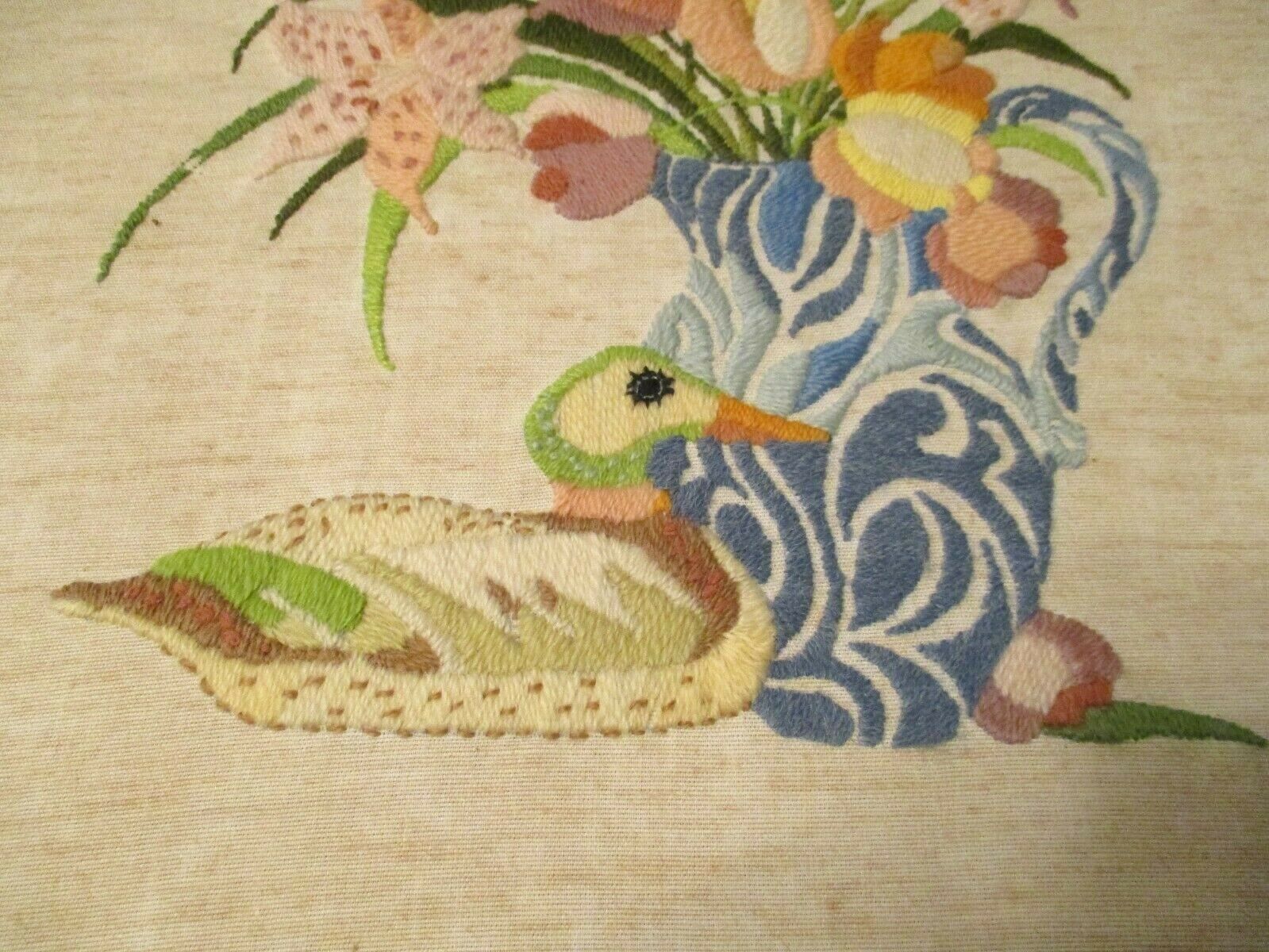 Crewel The Duck And Vase Of Flowers Vintage Embroidery 14 X 29 Inches